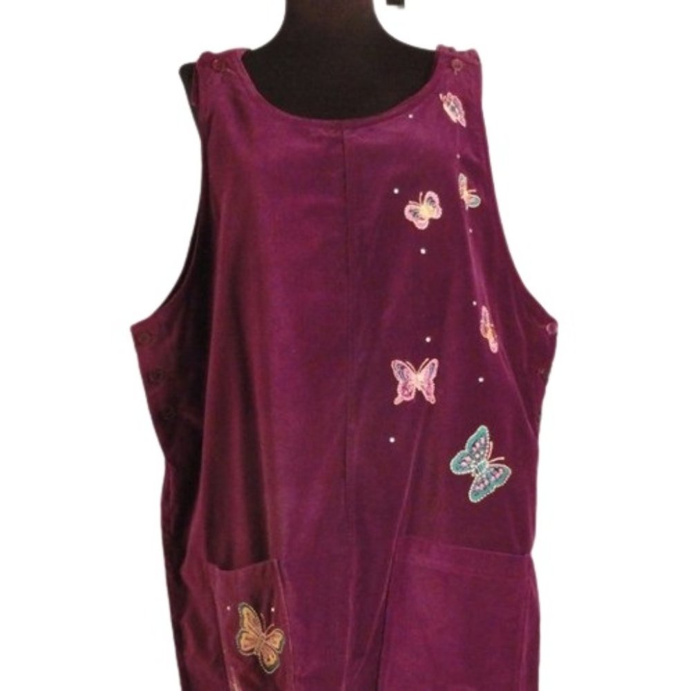 The Quacker Factory L Butterfly Purple Jumper Dress Embroidered 100% Cotton